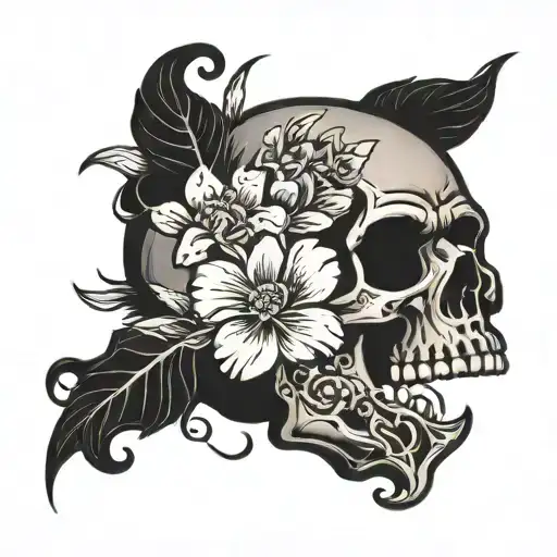 Black Skull With Flowers