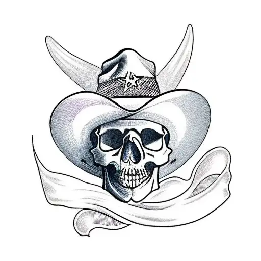 Forward Facing Cowboy Skull With A Hat And A Long Wrap Around Bandanna
