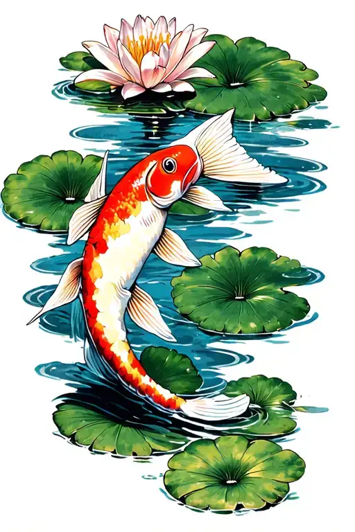 Birds Eye View Of A Pretty Coy Fish Swimming In A Lily Pond