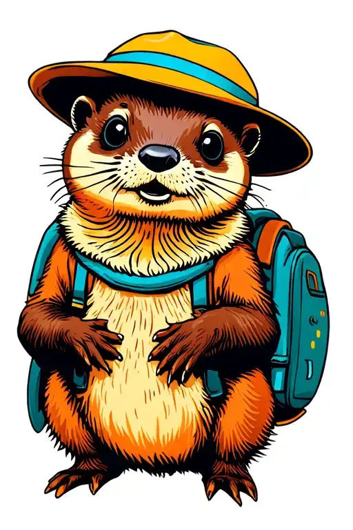 Colorful Cartoon Otter Wearing Backpack And Hat