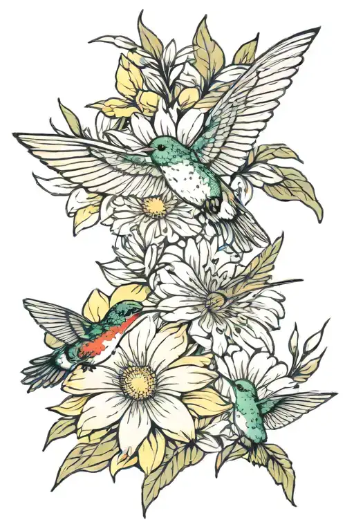 White Daisy Yellow Butterfly Hummingbirds Flying