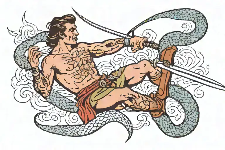 Man Killing A Snake With A Sword And The