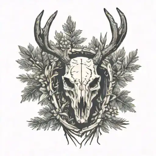 Deer Skull Infront Of Pines