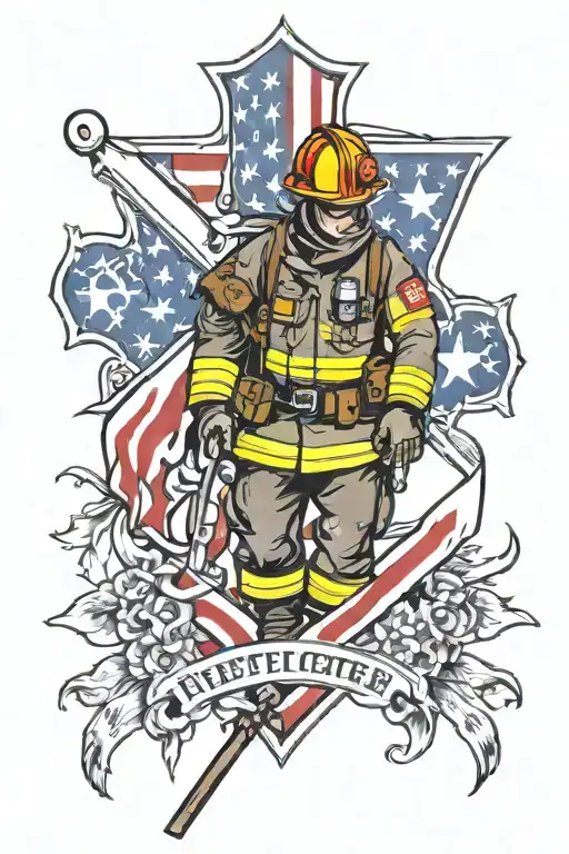 Firefighter And Flags And Cross