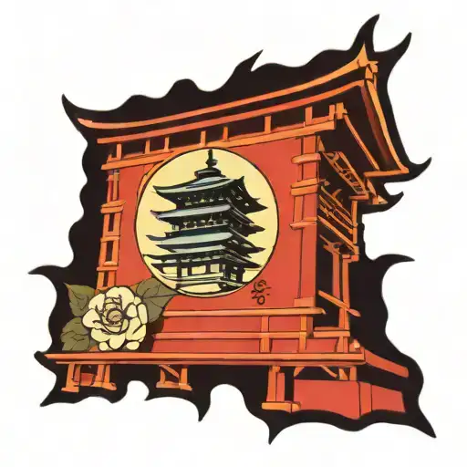 A Japanese Pagoda Coming Out Of A Rectangular Japanese Charm