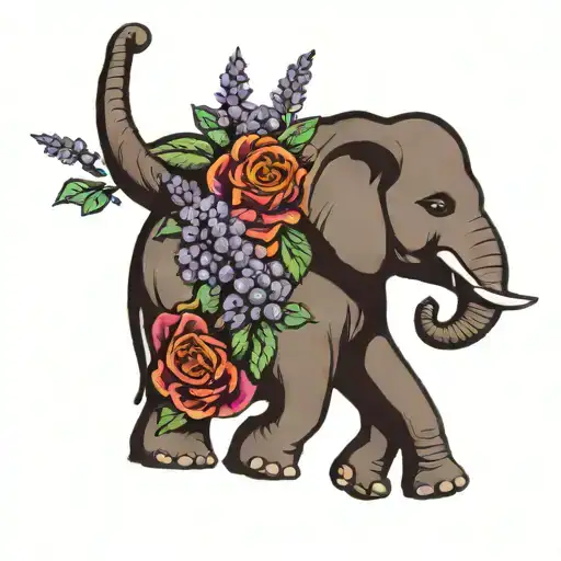 Elephant Tattoo Holding Lavender Flower Bouquet