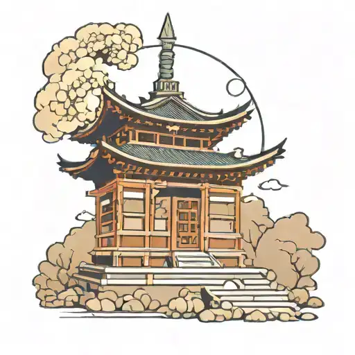 A Big Japanese Pagoda Coming Out Of A Rectangular Japanese Omamori Charm