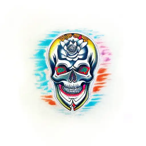 A Traditional-style Tattoo Of A Skull With Musical Notes Flowing Like A River