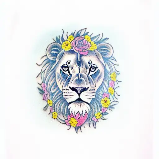 A Sleve Tattoo On My Arm Of A Lion Surrounded By Flowers