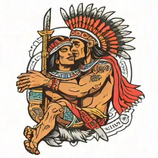 Aztec Warrior Gently Holding His Dead Lover In His Arms In American Traditional Style