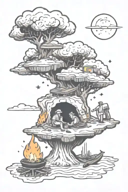 Small Floating Rock In Space With Two Guys Around A Campfire