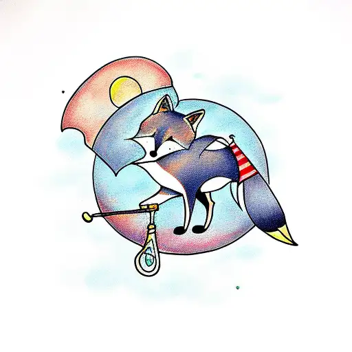Fox With Umbrella Below The Moon