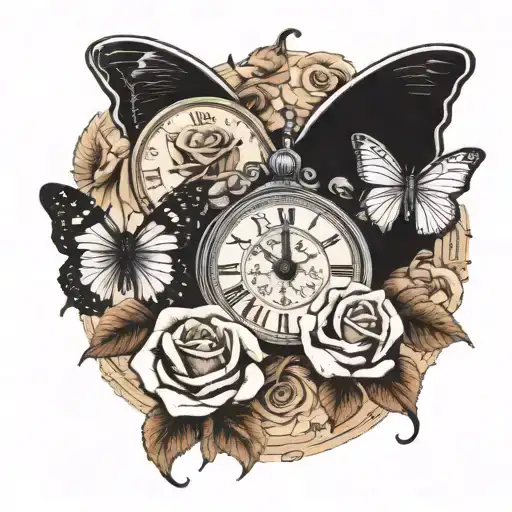 Skulls Roses Butterfly & Clock
