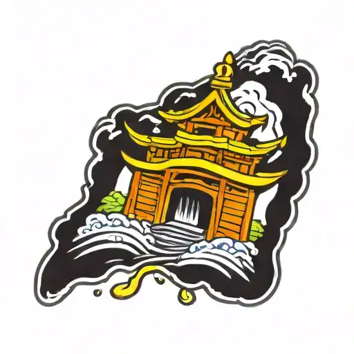 A Japanese Pagoda Coming Out Of A Japanese Omamori Charm