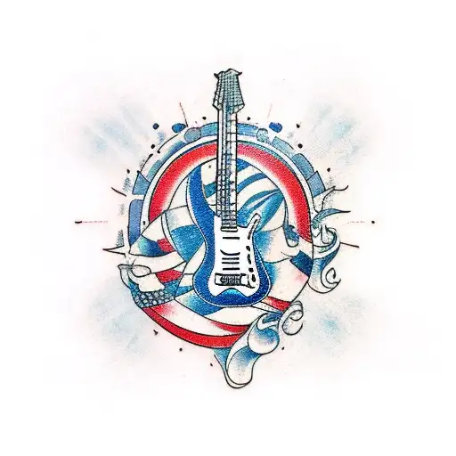 A Traditional Style Tattoo Of A Guitar Surrounded By Iconic Landmarks Of Olinda