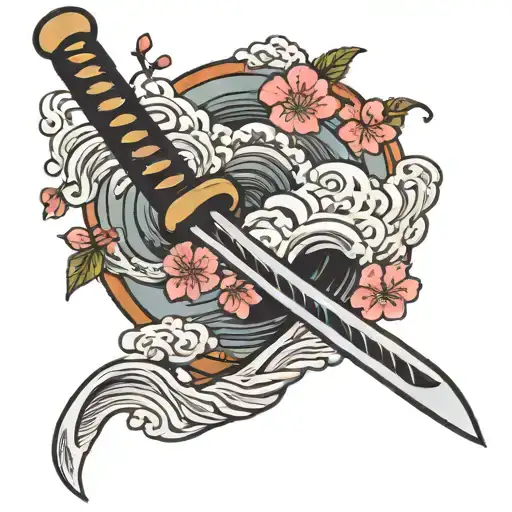 A Traditional Japanese Katana Sword With Cherry Blossoms And Waves