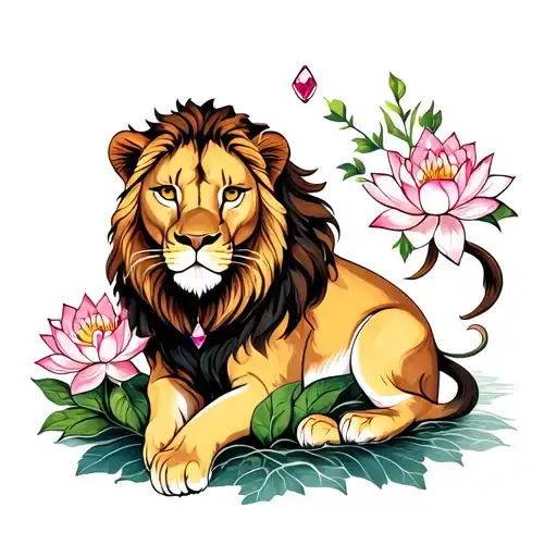 Lioness With Jewel And Lotus Flowers Growing