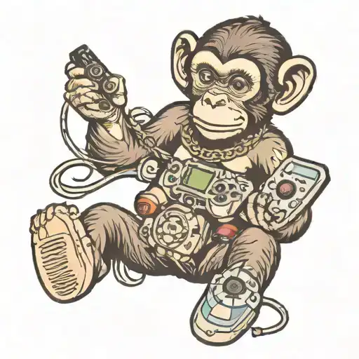 A Traditional Tattoo Of A Monkey Holding A Playstation Controller