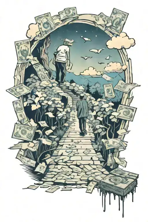 A Man Walking Up A Pathway To Heaven With Money Scattered Along The Sides Of The Pathway