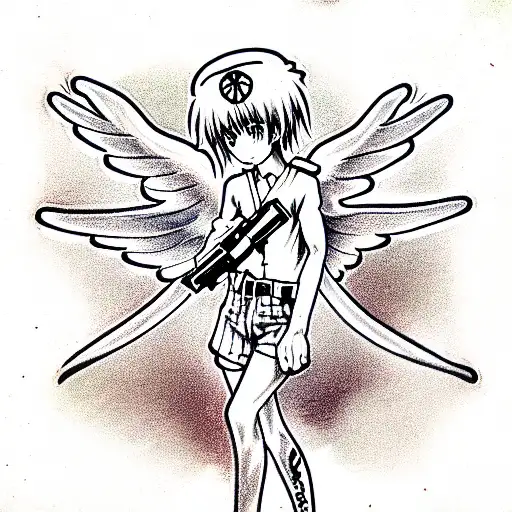 An Anime Angel Holds A Gun In His Stretched Out Hand