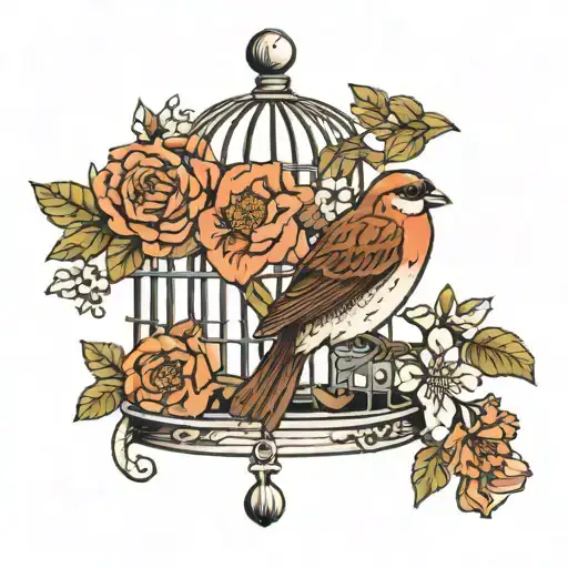 Sparrow In A Bird Cage With Wild Flowers Growing
