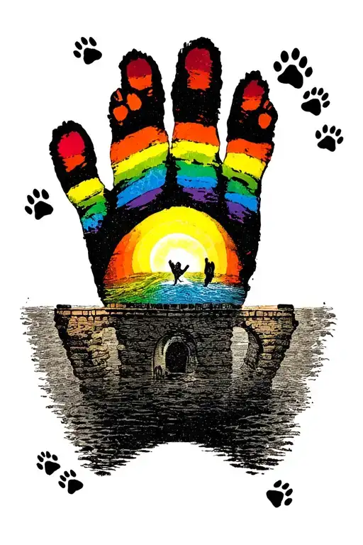 Rainbow Bridge With Fading Paw Prints And Foot Prints