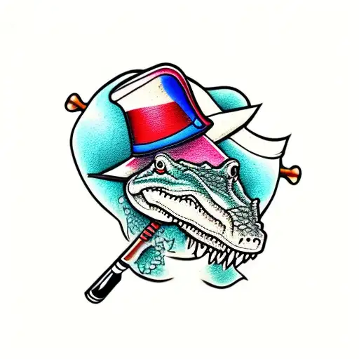 Gangster Crocodile With Hat On And Tattoo And A Golf Club Over