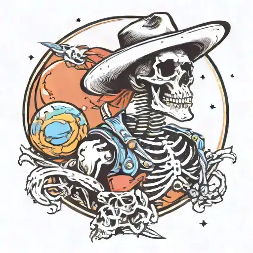 Skeleton Cowboy Space Surrounded By Planets Cartoon