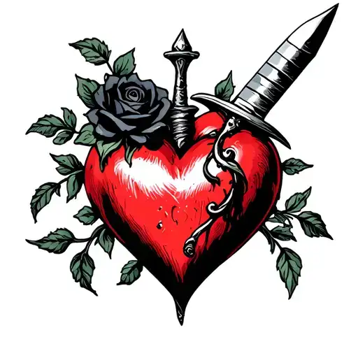 Traditional Sacred Heart With Dagger Piercing And Black Rose