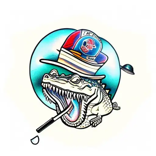 Gangster Crocodile With Cool Hat On And Tattoo And A Golf Club Over