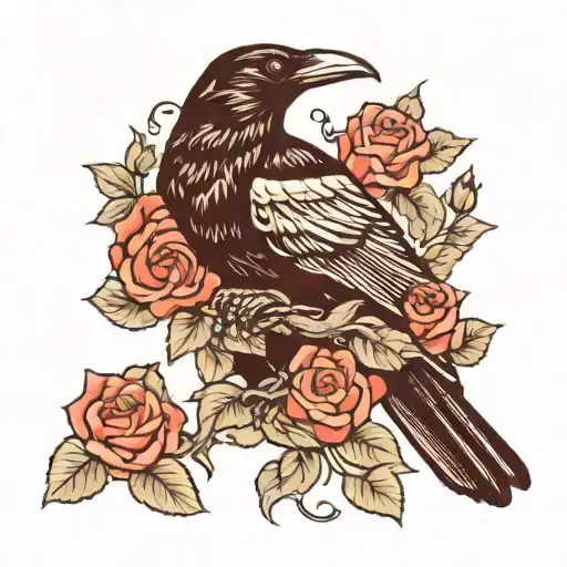 Crow Sitting In Roses Blooming