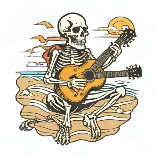 Skeleton Playing Electric Gibson Guitar On The Beach