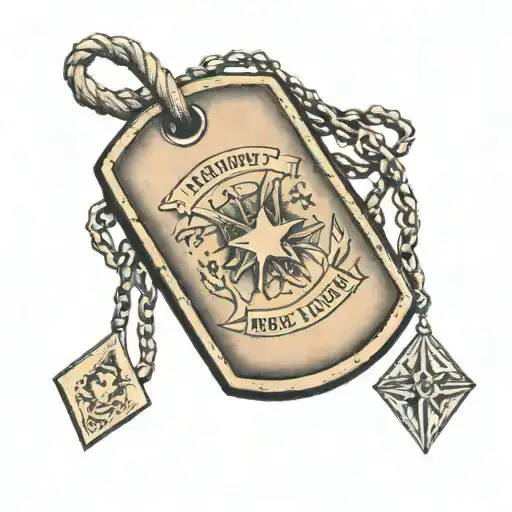A Traditional Tattoo Of A Military Dog Tag With A Child's Name Engraved On It