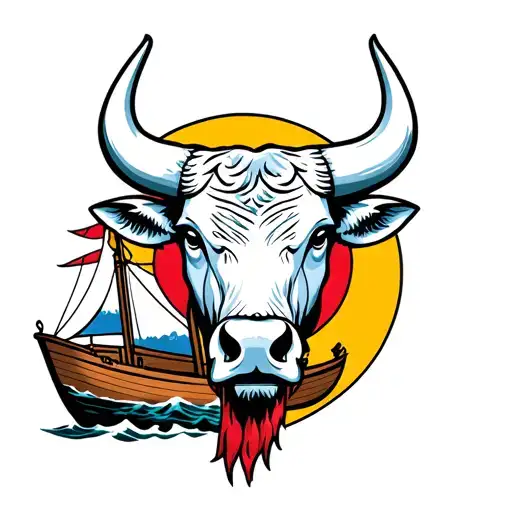 Bull Head With Boat Simbol And Some Colours Like Logo Designs