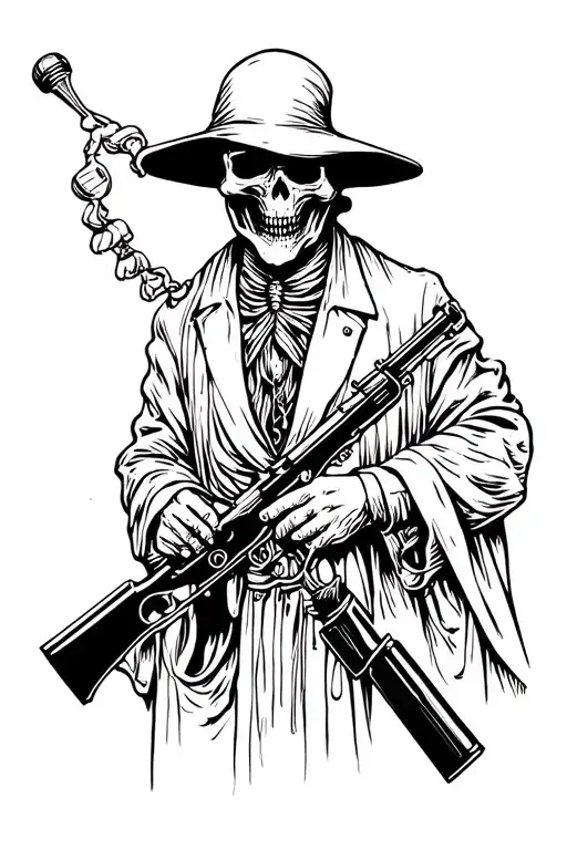 Grim Reaper Holding Rifle And Liquor