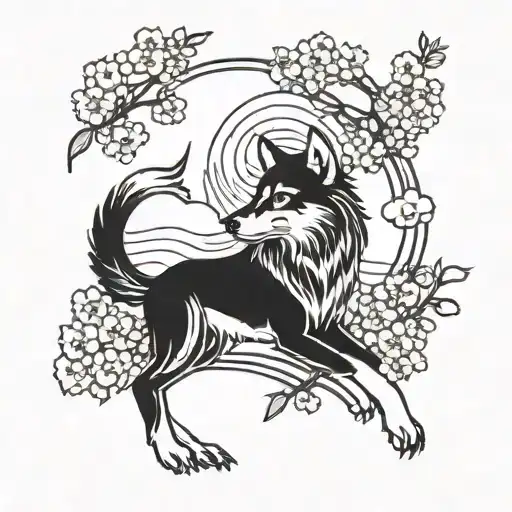 A Traditional Japanese Tattoo Of A Wolf Surrounded By Cherry Blossoms And Musical Notes