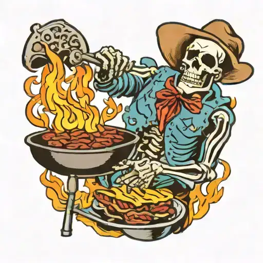 Cowboy Skeleton Grilling Beans With Lots Of Fire
