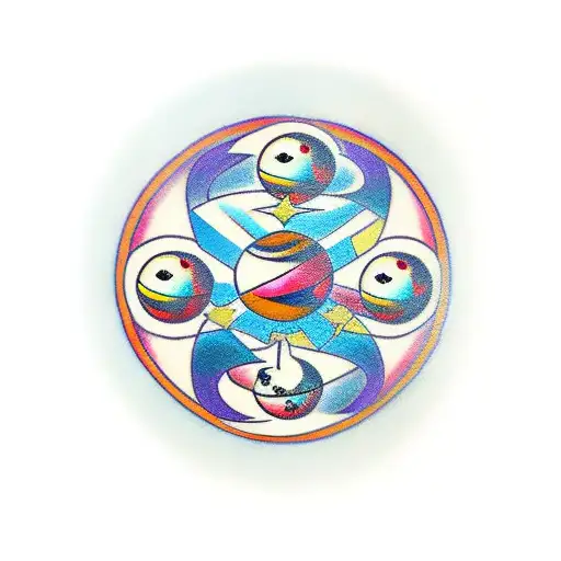 A Traditional Tattoo Of A Cartoon Scene With Balls Incorporated In A Juggling Pattern