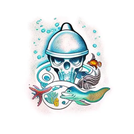 A Realistic Underwater Scene With Vibrant Ocean Creatures And A Fisioterapeuta Symbol