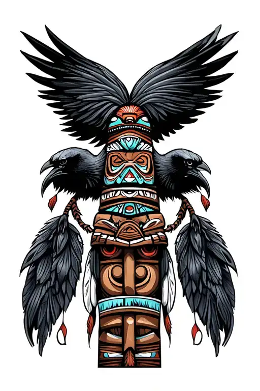 Native American Shaman Totem Pole Intertwined With Raven