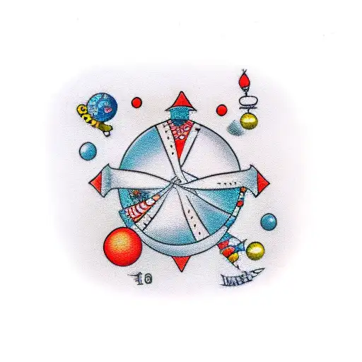 A Traditional Tattoo Of A Cartoon Scene With Balls Incorporated In A Juggling Pattern