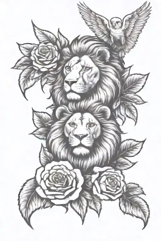 1 Lion With 4 Roses And Angel Wings