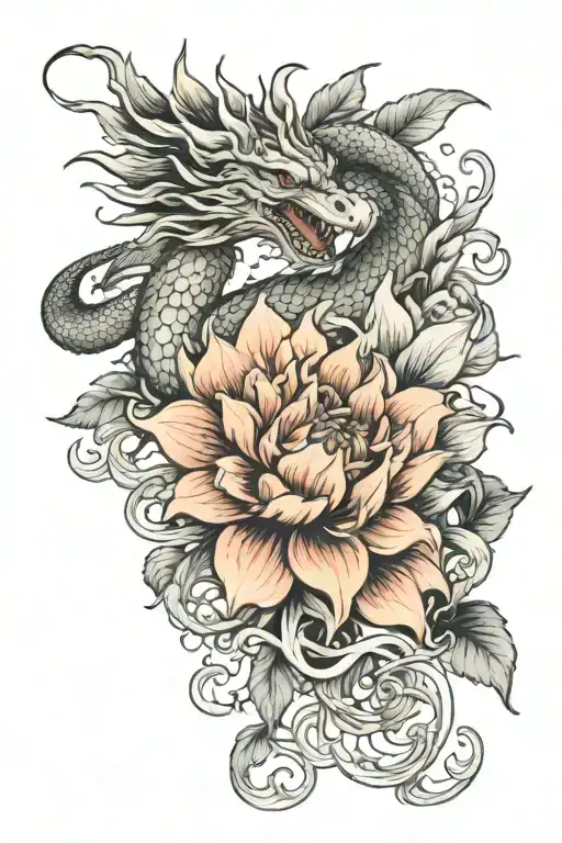 Dragon And Dahlia Flower Intertwined