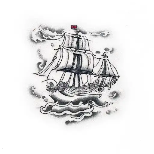 Pirate Ship With Giant Squid And Treasure Chest And Thunderstorm