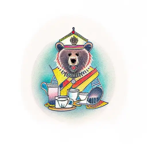 A Traditional Style Tattoo Of A Bear Sitting At A Coffee Shop Table With A Guitar