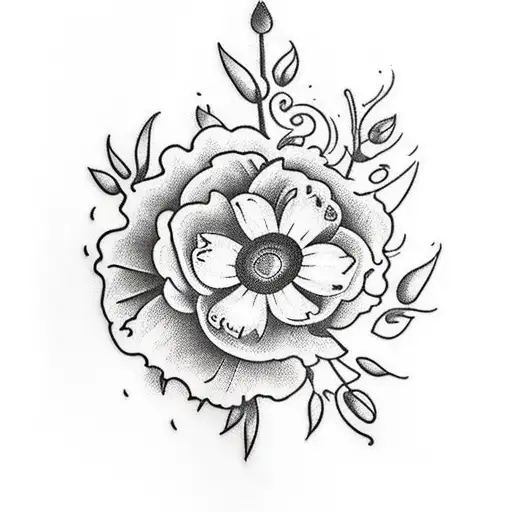 A Traditional-style Tattoo Featuring A Bouquet Of July Birth Flowers Surrounding The Letter K