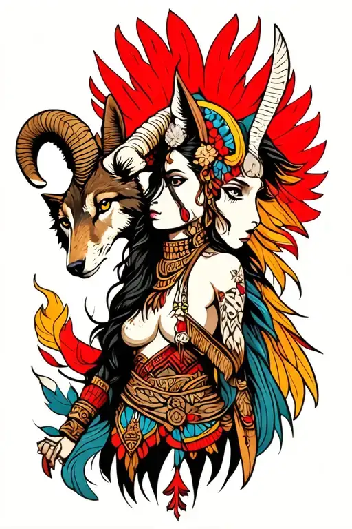 Warrior Woman With Wolf And Ram