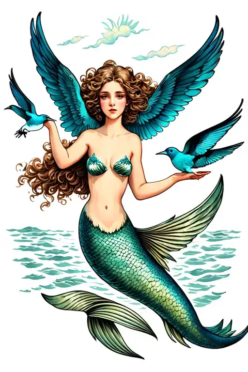 Mermaid Flying Swallows From Her Hands