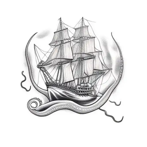 An Octopus Wrapping His Tentacles Around A Sail Ship