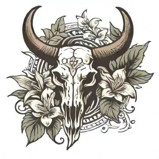 Long Horn Bull Skull With Lily Flowers Blooming Out Of The Skull